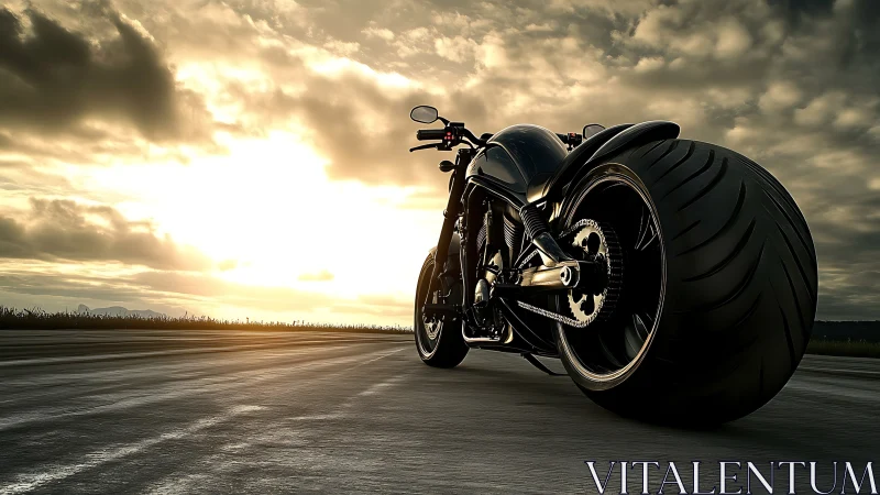 Low-angle custom motorcycle against dramatic sunset sky
