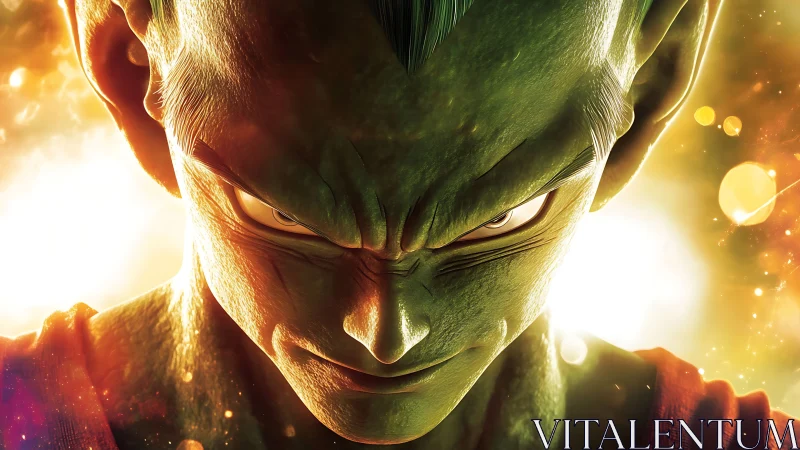 High contrast close-up of green-skinned anime warrior under backlight
