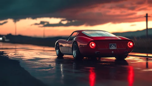 Red classic sports car reflects on wet dusk highway.