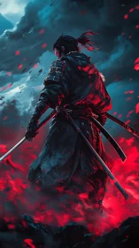 Lone samurai strides through crimson stormfire clouds.