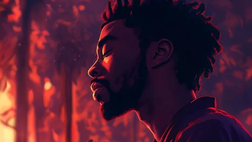 Profile portrait glows in deep sunset amber light.