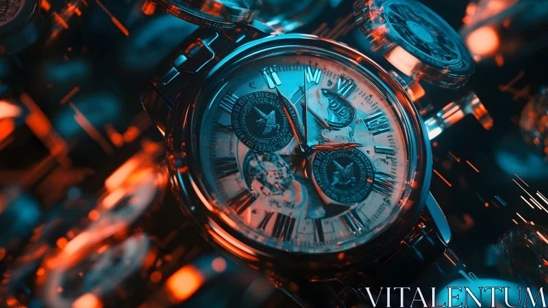 Luxury metallic wristwatch with coin accents, glowing blue-orange lighting.