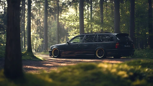 Lowered dark wagon parked in sunlit forest trail setting.