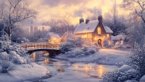 Snow-laden riverside cottage with bridge and distant skyline