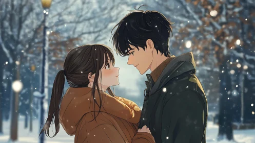 Soft winter snowfall wraps two young lovers in quiet warmth