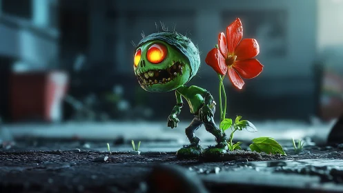 Glowing eyed plant zombie guards vivid red city flower.