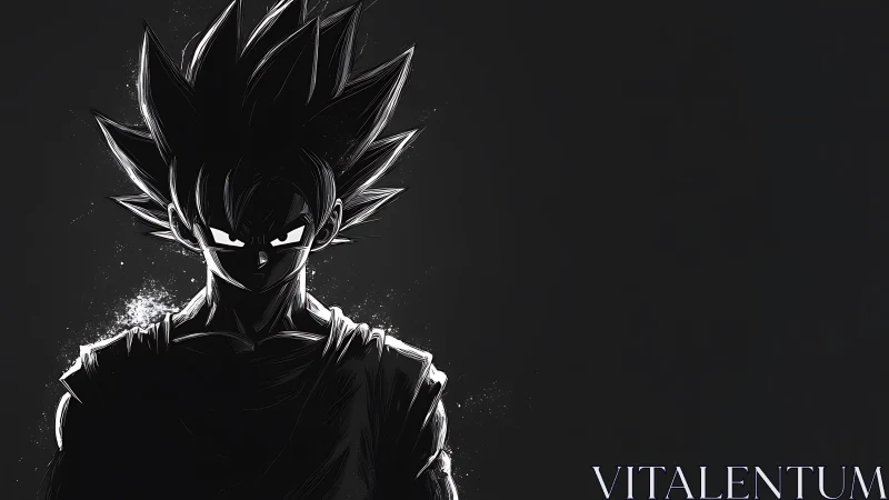 Dark anime warrior emerges from shadows in stark monochrome.