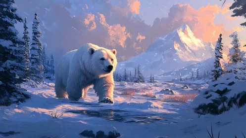 Gentle polar bear wanders through glowing winter mountainscape