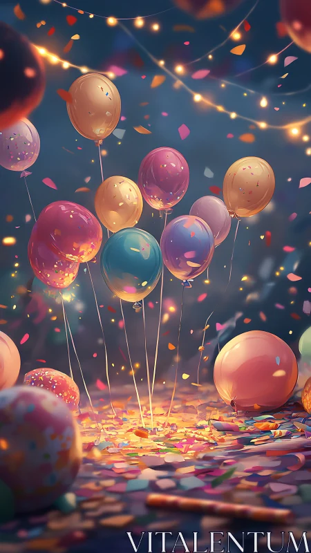 Magical Balloons Floating Among Glowing Lights and Confetti