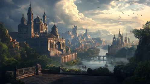 Epic riverine fantasy capital rendered in atmospheric concept art
