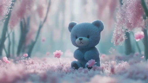 Blue plush teddy bear in soft pink fantasy forest scene.