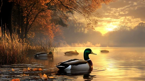 Mallard ducks float on a misty autumn lake at sunrise