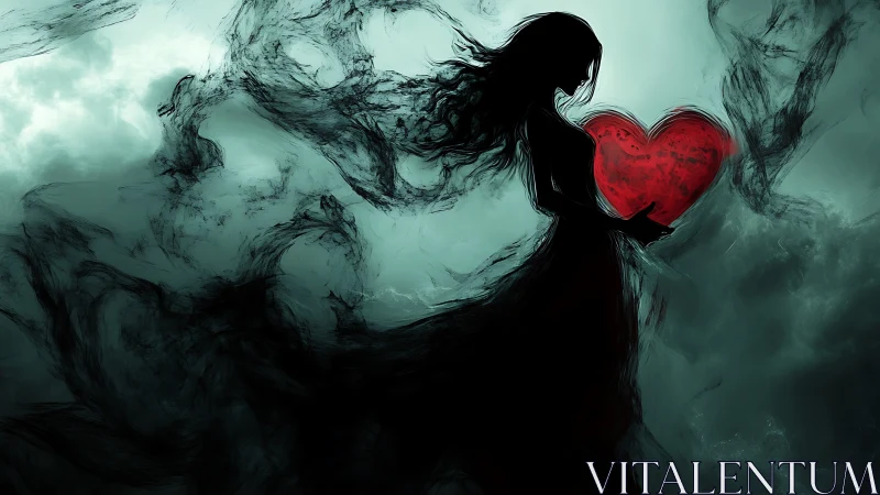 Silhouetted woman cradles a glowing red heart in swirling mist