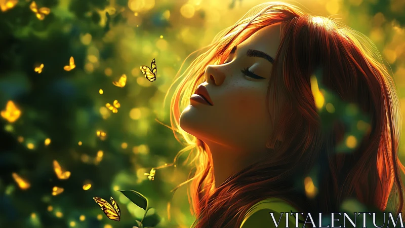 Sunlit redhead in forest glade surrounded by golden butterflies.