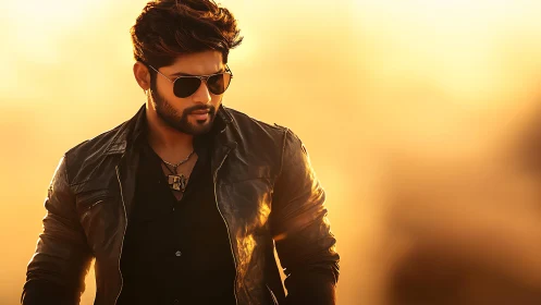 Stylish man in leather jacket under cinematic golden light.