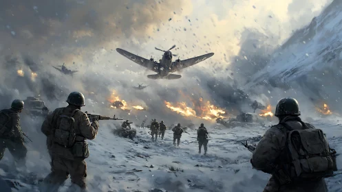 Snowbound infantry assault under low-flying wartime aircraft