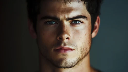 Thoughtful young man with intense blue-eyed gaze in focus.