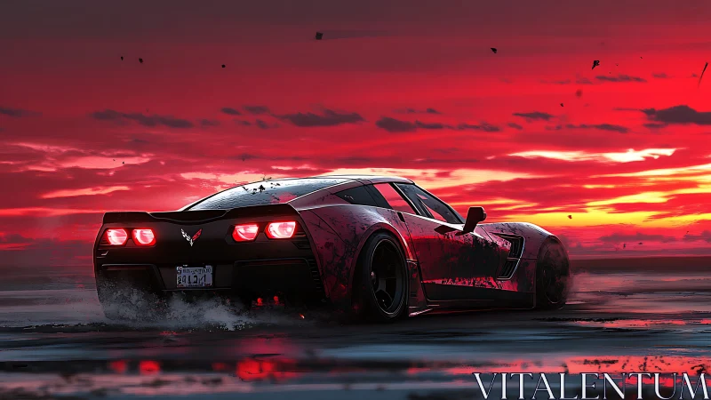 Red sports car on wet ground against intense sunset sky.