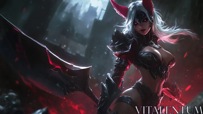 Demonic blade warrior in black armor amidst burning ruins.