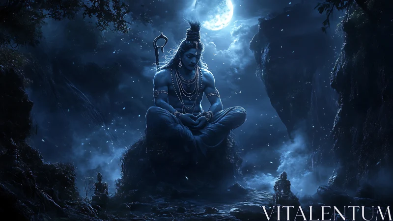 Divine blue yogi meditating under luminous moonlit sky.