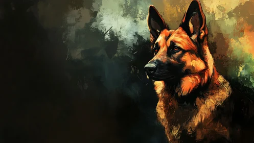 German shepherd portrait in high-contrast digital pigment rendering.