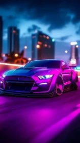 Neon-lit muscle car accelerates through futuristic cityscape