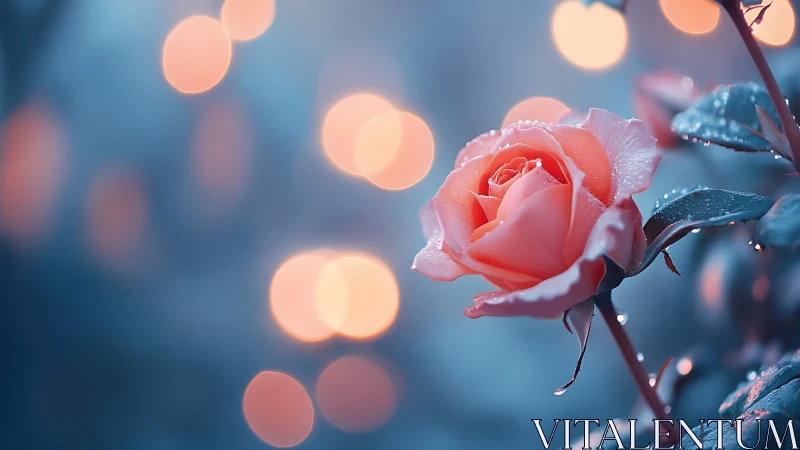 Coral Rose in Evening Light with Dewdrops.
