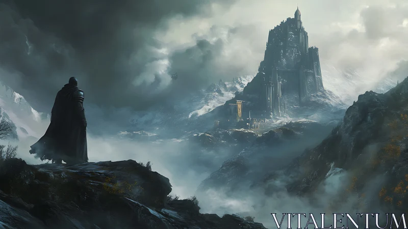 Storm-wrapped citadel beckons the lone shadowed wanderer.
