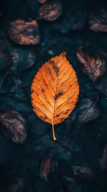 Golden autumn leaf on dark forest floor in macro focus.