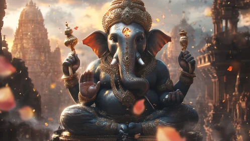 Majestic Ganesha sculpture glows before ancient temple spires