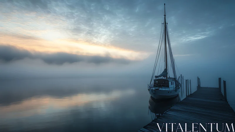 Lone sailboat dreaming in silver fog and blue dawn hush.