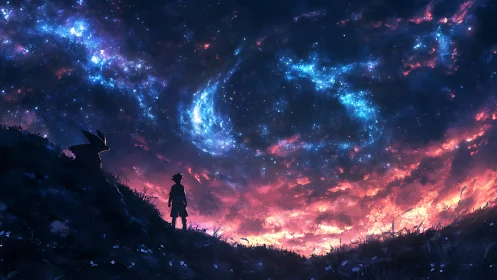 Stargazing friends beneath a glowing cosmic dreamscape.