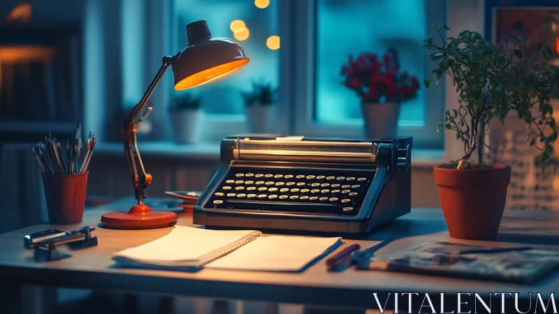 Orderly writing desk with typewriter and desk lamp at dusk.