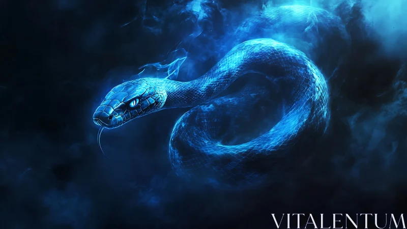 Glowing blue snake curls through dark smoky background