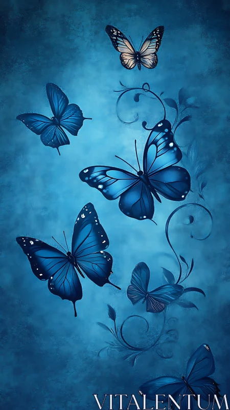 Blue butterflies over textured teal background in flight.