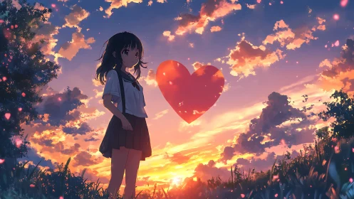 Sunset field anime composition with luminous heart glyph.