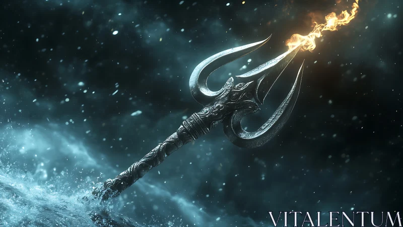 Flaming metallic trident rises from turbulent blue water