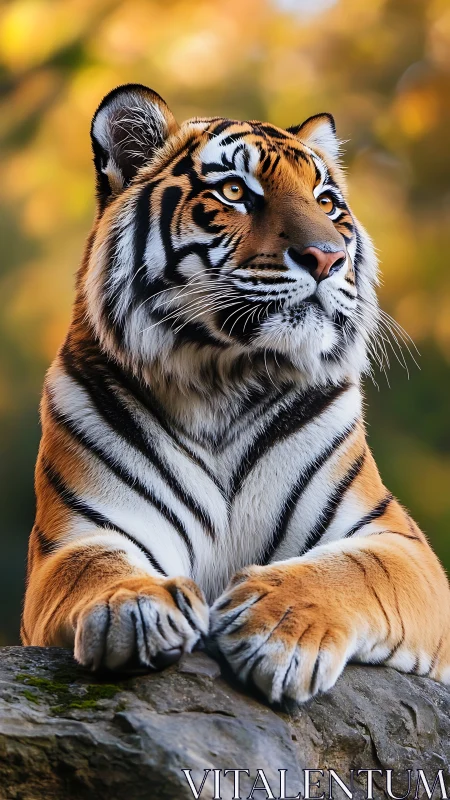 Regal tiger rests on rock under warm golden forest light.