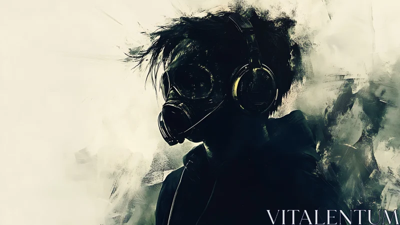 Solitary listener in a gas mask lost in swirling soundscapes.