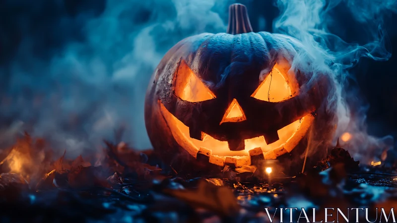 Carved jack-o-lantern displays internal light amid ground fog