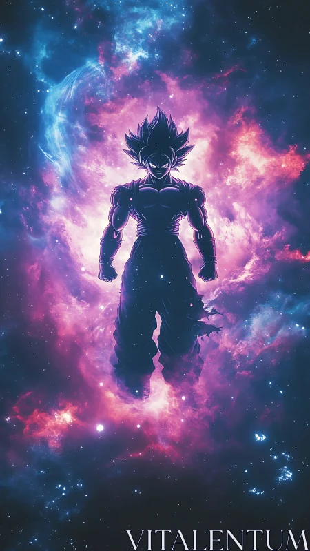 Silhouetted anime warrior framed by cosmic nebula field.