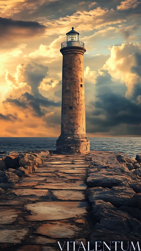 Stone lighthouse on rocky pier under dense clouded sky.