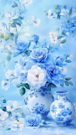 Blue and White Floral Arrangement with Porcelain Vases.