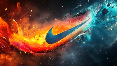 Blue swoosh cuts molten fire and ice across cosmic void