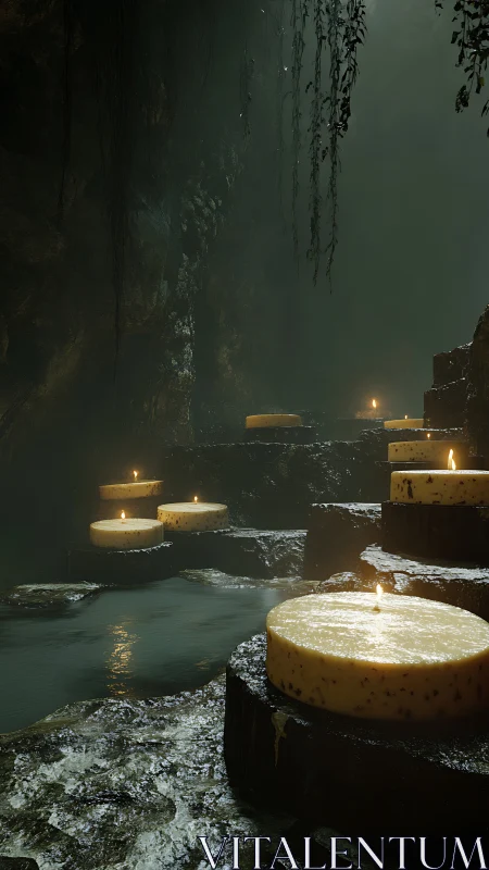 Volumetric-lit cavern pool with tiered ritual candles.