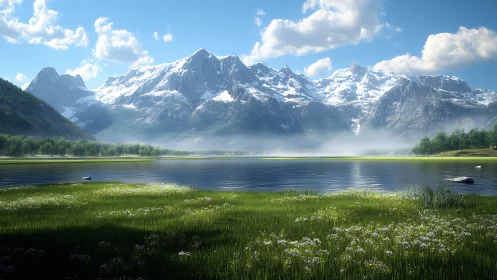 Mountain lake morning with bright meadows and soft clouds.