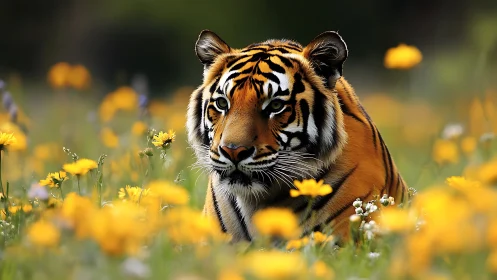 Quiet tiger resting softly among golden wildflowers.
