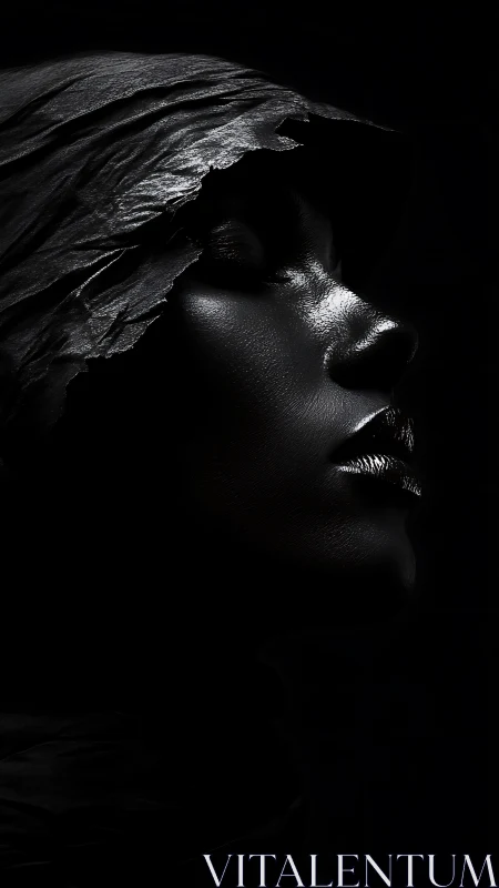 Profile study of hooded face in low key lighting conditions.