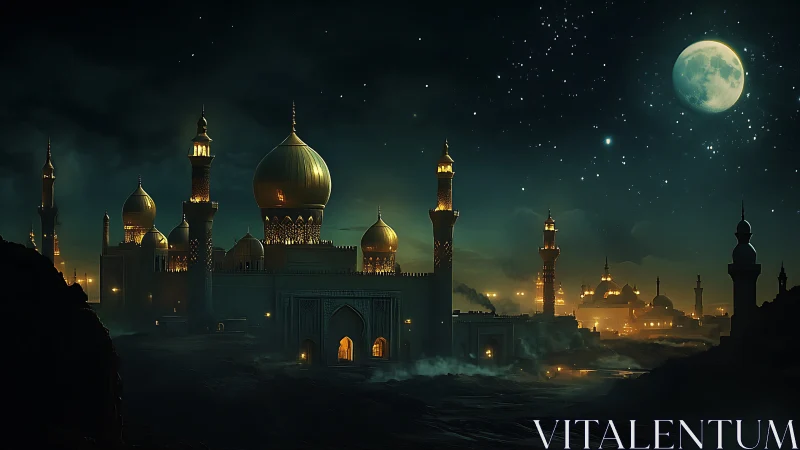 Luminous domed citadel under a moonlit, star-dense night sky