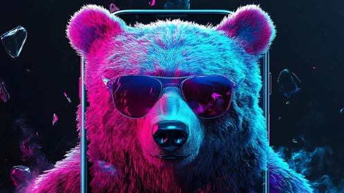 Neon-colored bear in sunglasses framed by smartphone outline.